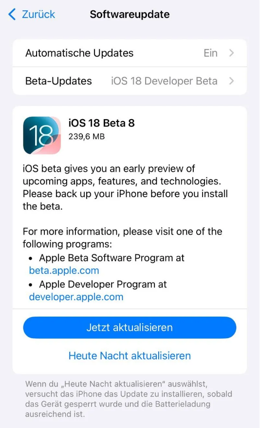 永安苹果手机维修分享苹果 iOS / iPadOS 18 开发者预览版 Beta 8 发布 